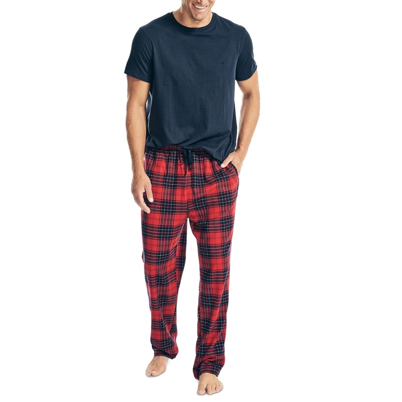 Nautica Men's 2 Pc Classic Fit Solid T Shirt & Flannel Pajama Set Navy Large