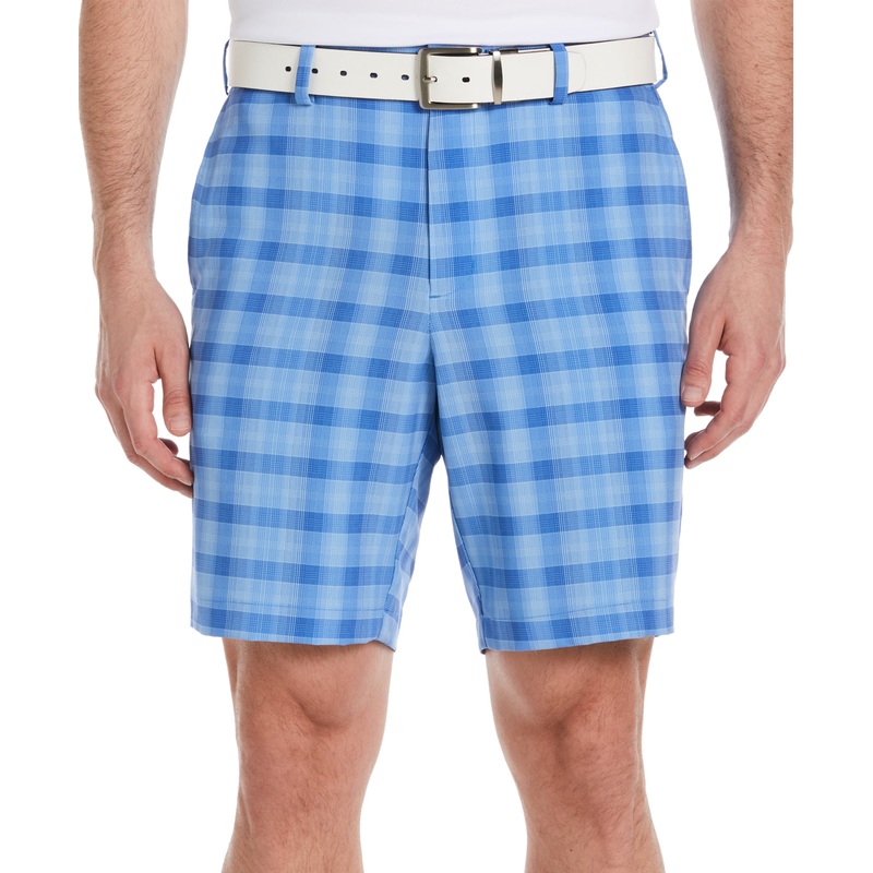 Pga Tour Men's Moisture Wicking Stretch Shadow Plaid 9 Golf Shorts Blue 34