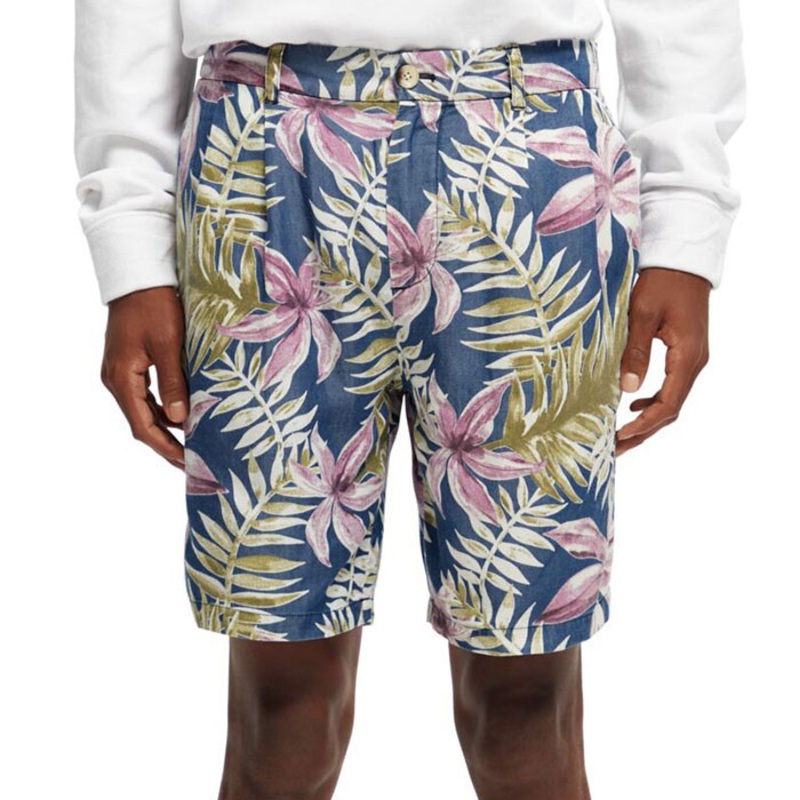 Scotch & Soda Men's Printed Pleated Twill Shorts Size 36 Floral