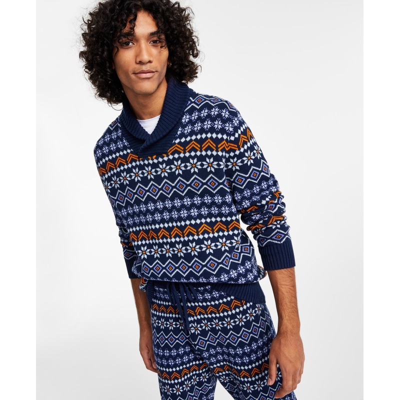 Sun + Stone Men's Fair Isle Shawl Collar Sweater Medium Pompador Blue