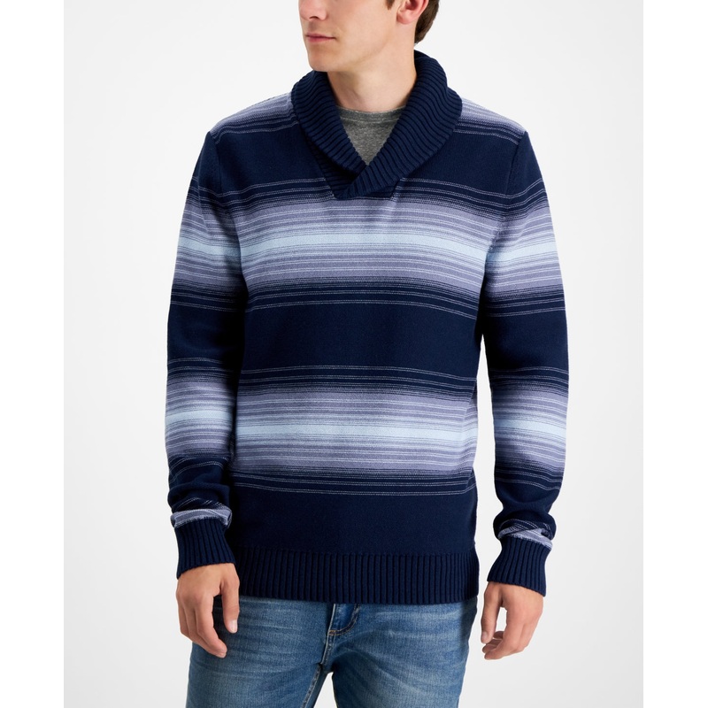 Sun + Stone Mens Shawl Collar Stripe Pullover Sweater Small Blue