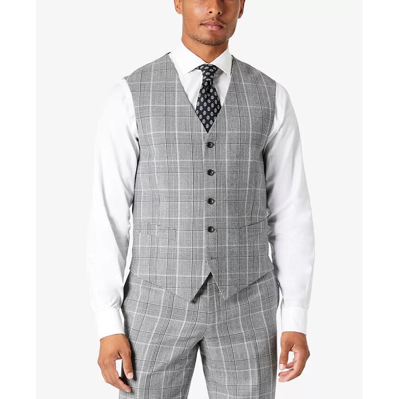 Tallia Mens Plaid Slim Suit Vest Grey XXL