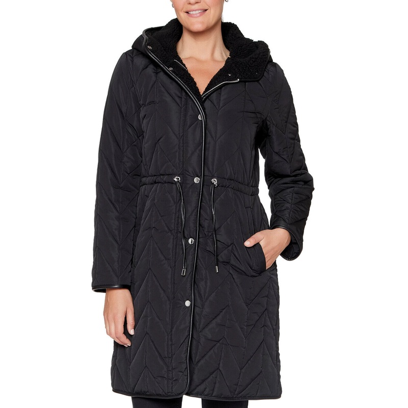 Vince Camuto Womens Hooded Quilted Coat Medium Solid Black