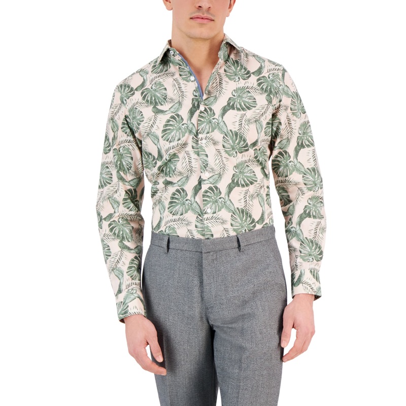 Bar III Men's Hoja Slim Fit Botanical Print Dress Shirt Apricot Olive Medium