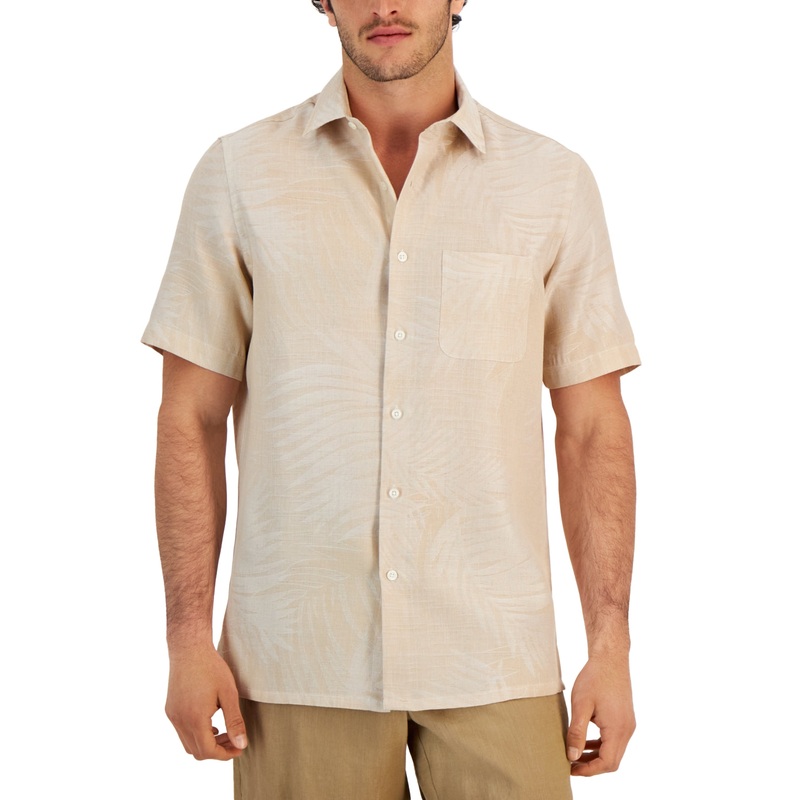 Club Room Men's Elevated Palm Jacquard Short Sleeve Button Down Shirt Beige XXL