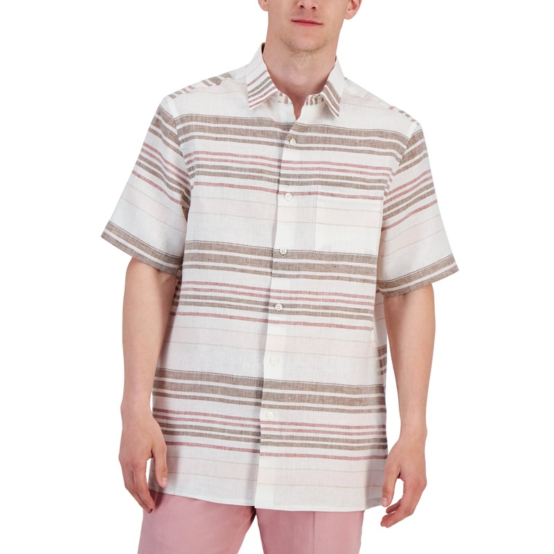 Club Room Mens Elevated Central Stripe Linen Button Down Shirt Khaki Combo Small