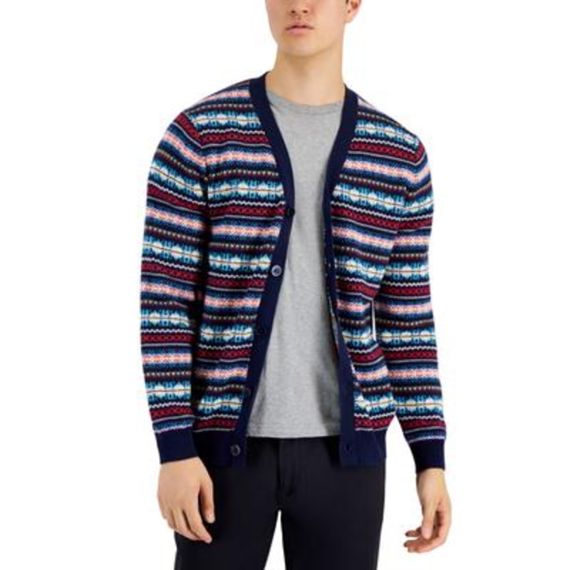 Club Room Mens Fair Isle Cardigan Sweater Large Navy Blue