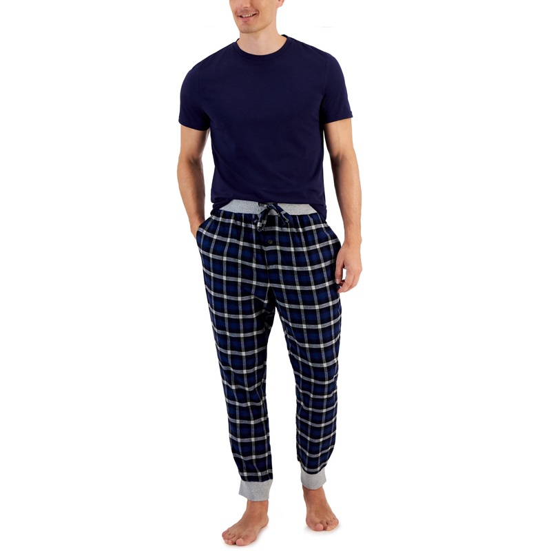 Club Room Mens Faro Pajama Set Solid T Shirt and Pants Blue White XL