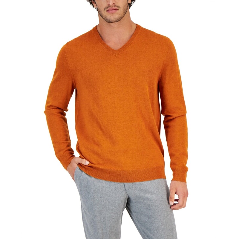 Club Room Mens Regular-Fit Solid V-Neck Sweater Pumpkin Latte Small
