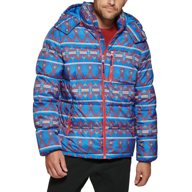 Club Room Mens Stretch Hooded Puffer Jacket Kings Patch Work Blue XL