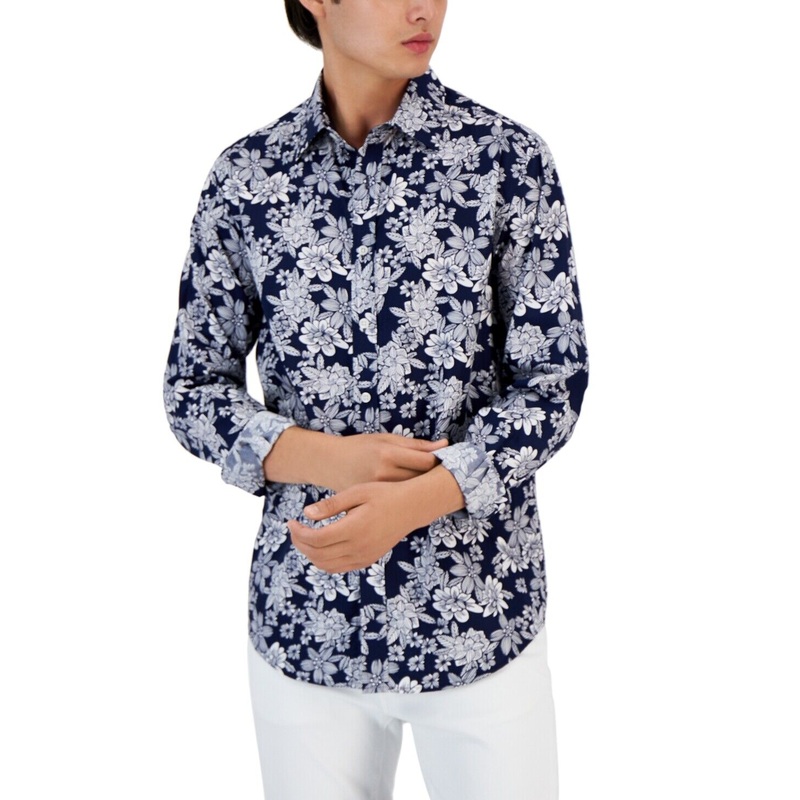 Club Room Mens Zalina Floral Button Down Shirt Navy Blue Small