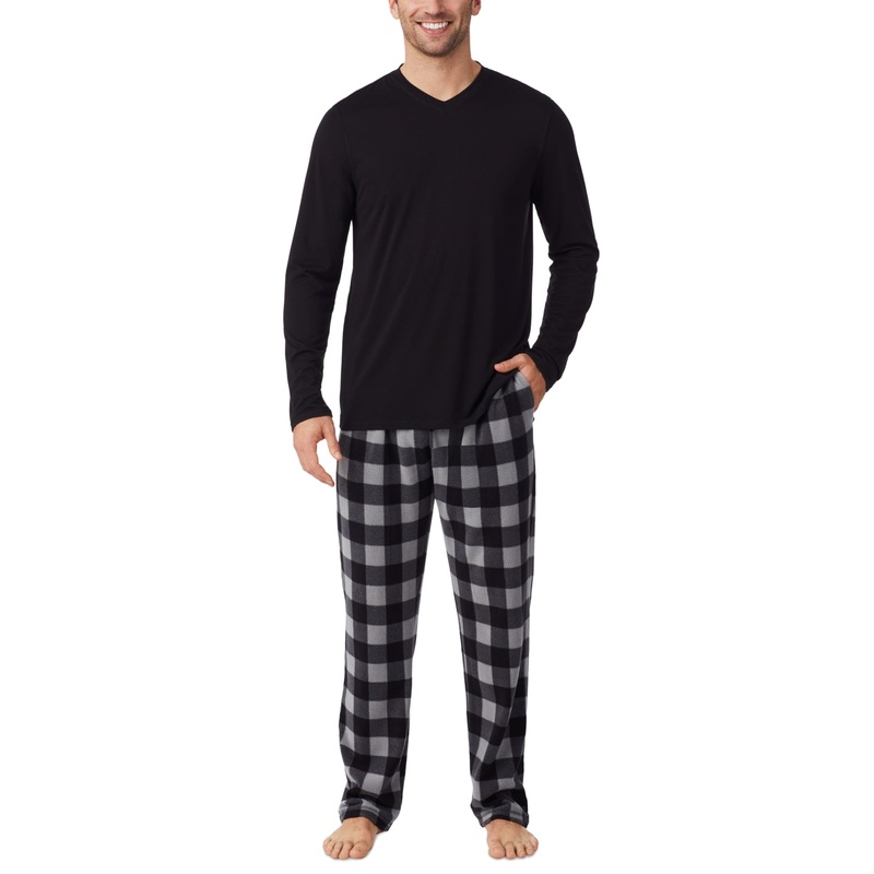 Cuddl Duds Men's Cabin 2-Pc. Pajama Set Long Sleeve Black Buffalo Check Small