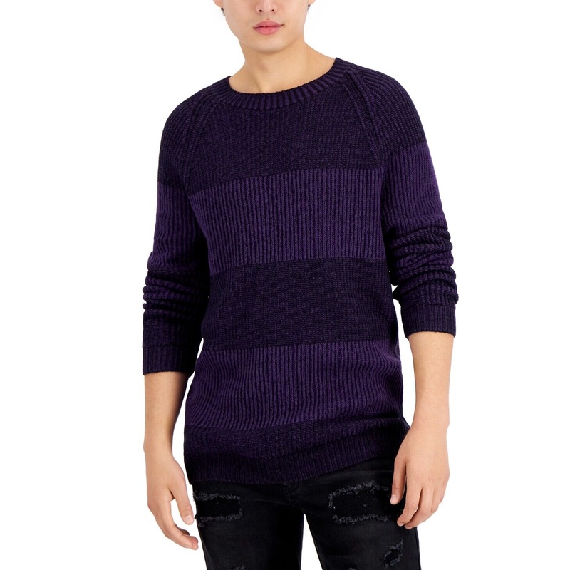 INC International Concepts Mens Plaited Crewneck Sweater Deep Purple Large