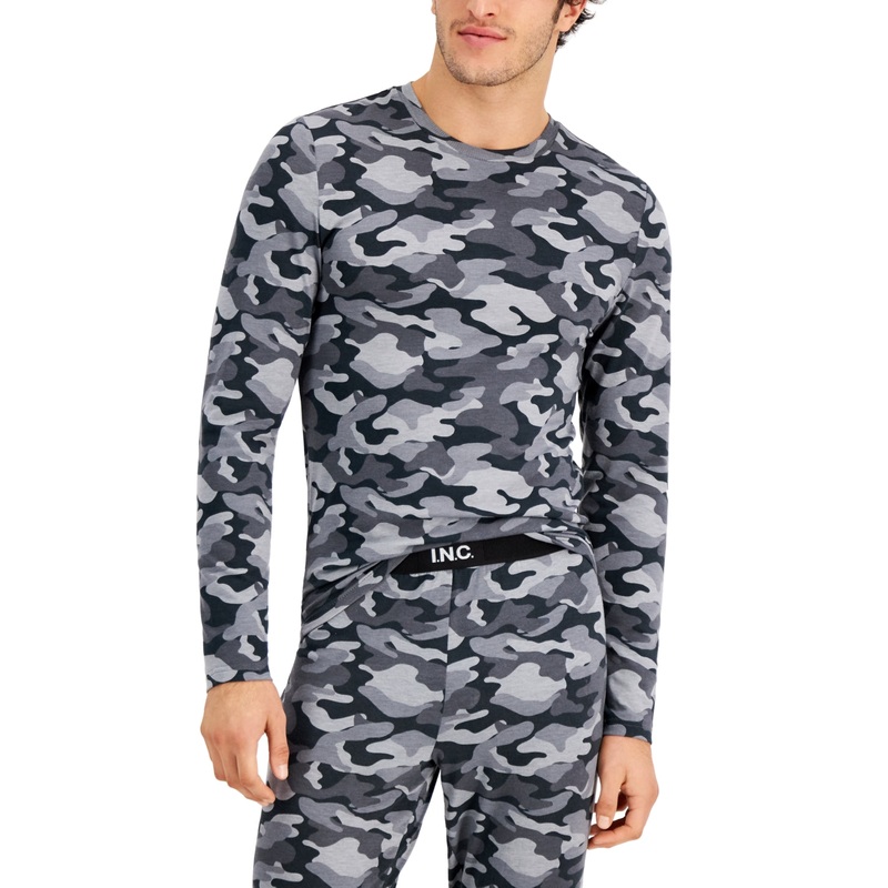 International Concepts Men's Long Sleeve Pajama Shirt Grey Camo Large