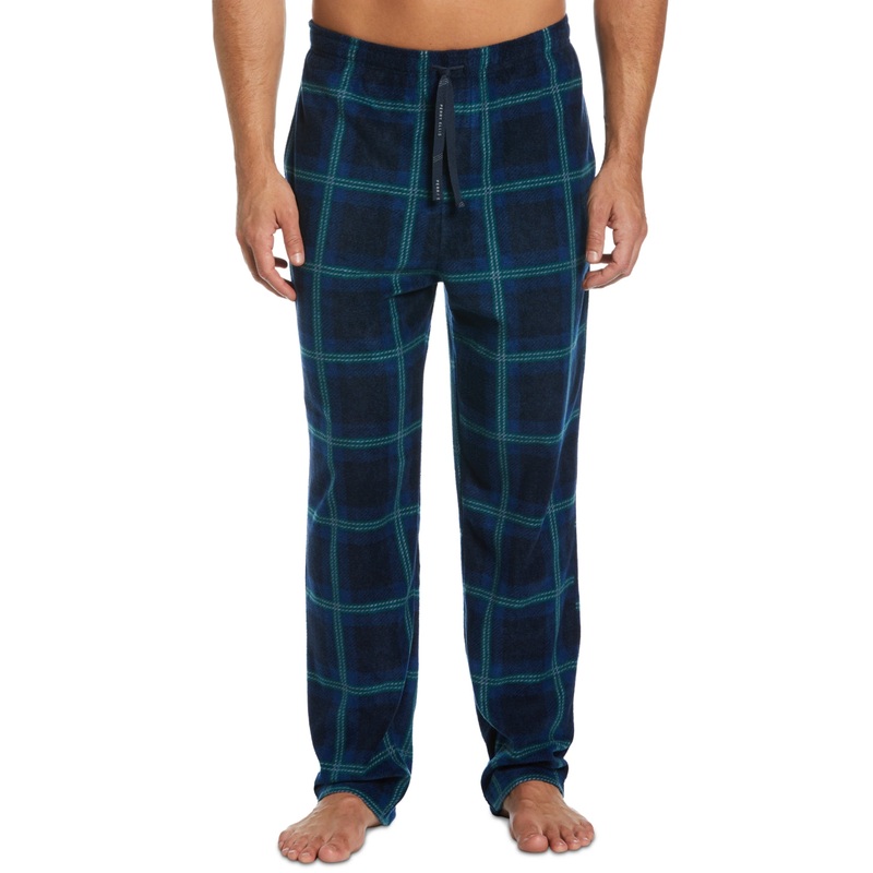 Perry Ellis Portfolio Men's Windowpane Plaid Fleece Pajama Pants Blue Large
