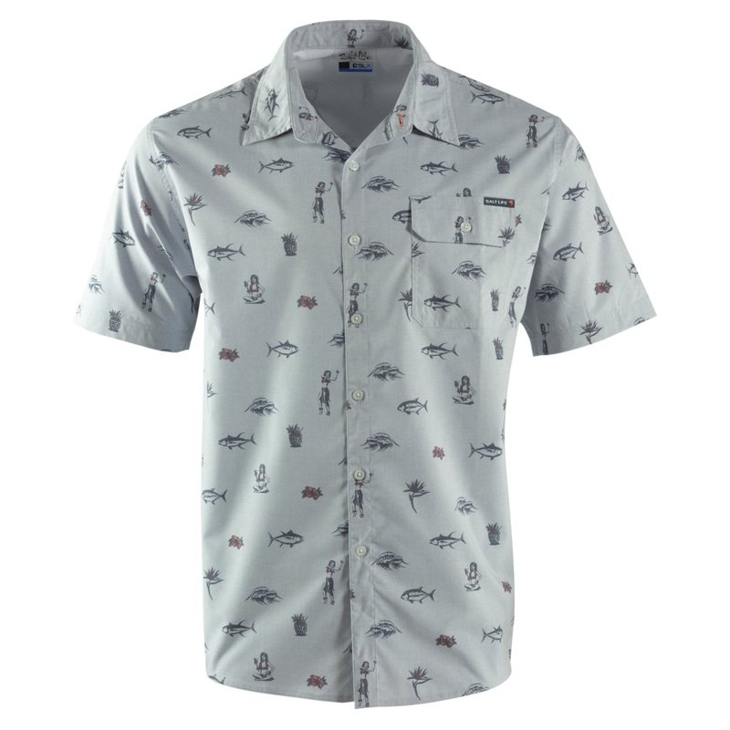 Salt Life Mens Performance Hula Vibes Woven Fishing Button Down Shirt Grey Small