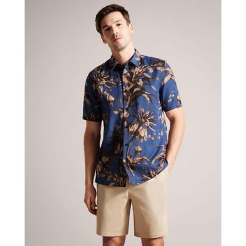Ted Baker Mens Linen Button Short Sleeve Botanical Print Shirt Size 2 / Small