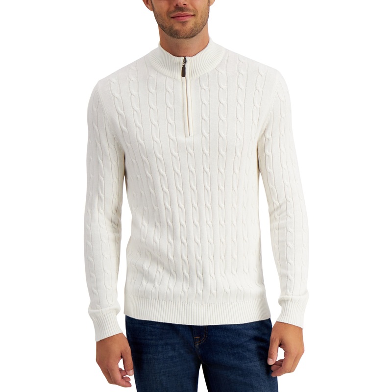 Club Room Men's Cable Knit Quarter Zip Cotton Sweater Winter Ivory White Small