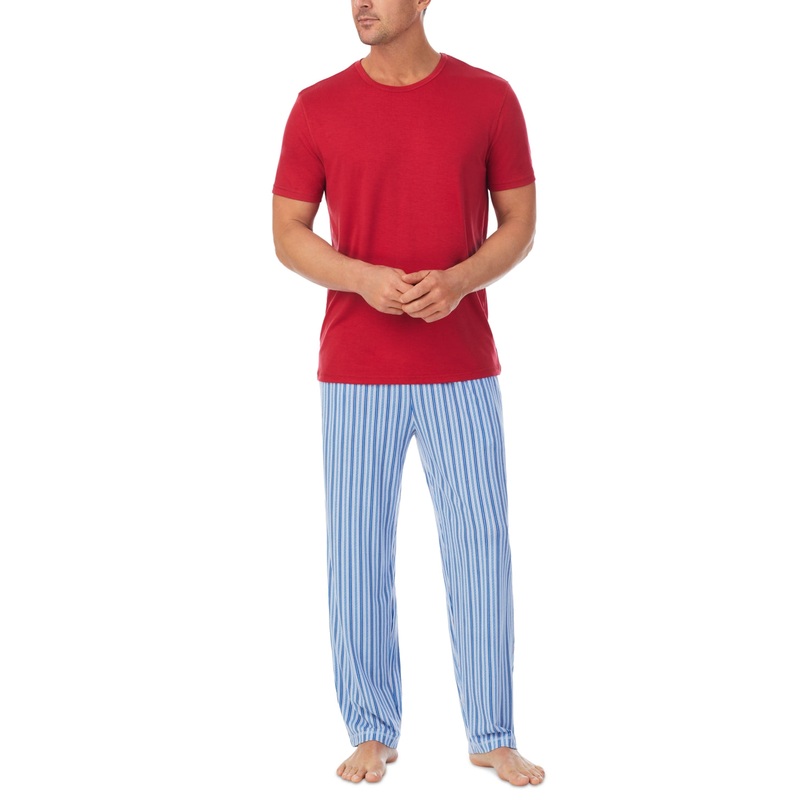 Cuddl Duds Men's 2-Pc.  Pajama Set Red T Shirt Light Blue Stripe Pants Medium