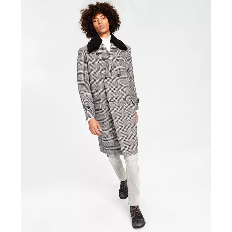 International Concepts Ashton Mens Faux Fur Trim Plaid Pea Coat Grey XS