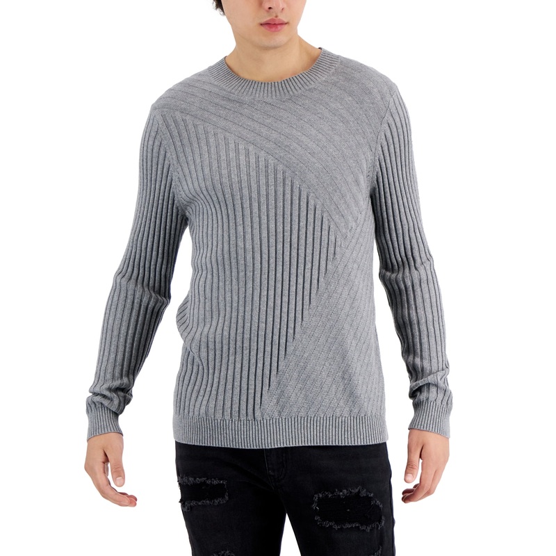 International Concepts Men's Trucker Crewneck Ribbed Sweater Heather Grey Large