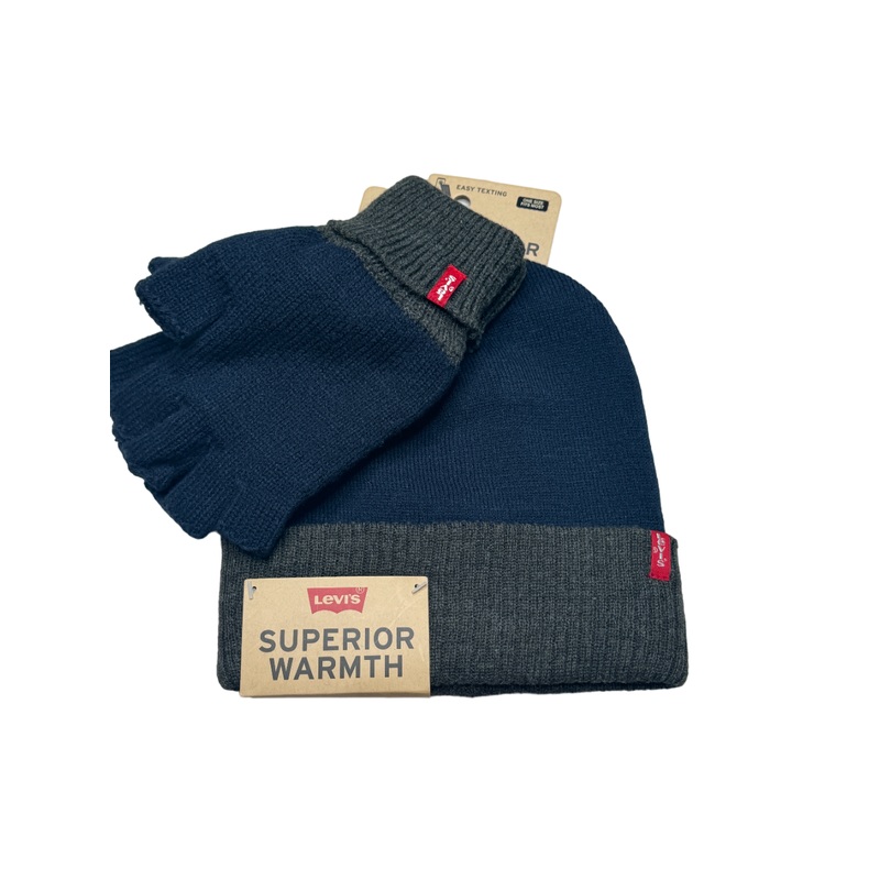 Levi's Men's Reversible Beanie Hat And Glove Set Blue Navy One Size