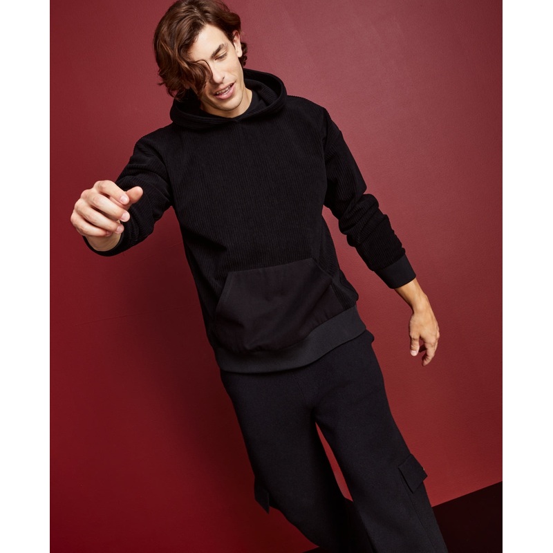 Maluma Royalty Men's Mixed Media Corduroy Sweatshirt Hoodie Black Small