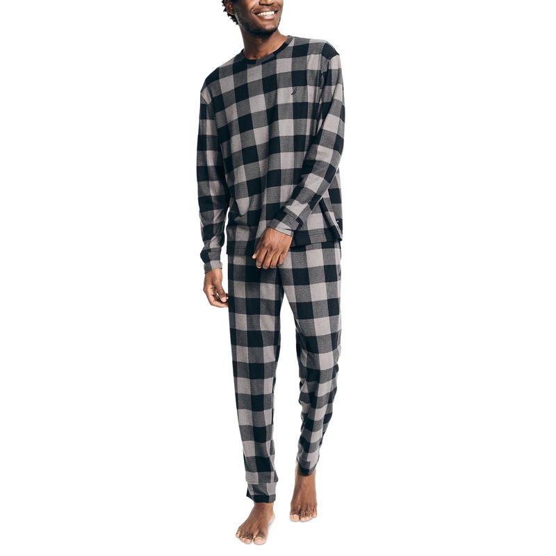 Nautica Men's 2-Pc. Relaxed Knit T Shirt Pajama Pants Set Small Grey Plaid