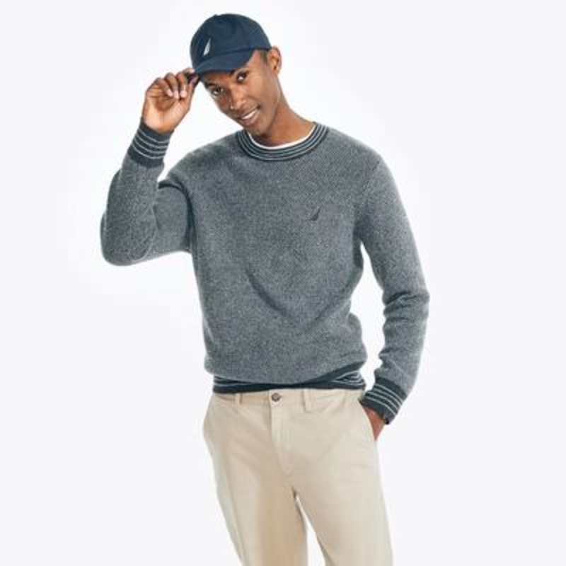 Nautica Mens Sustainably Crafted Jacquard Sweater Large Grey Crewneck