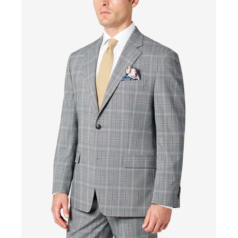 Sean John Mens Classic Fit Patterned Suit Jacket Grey Blue 36R