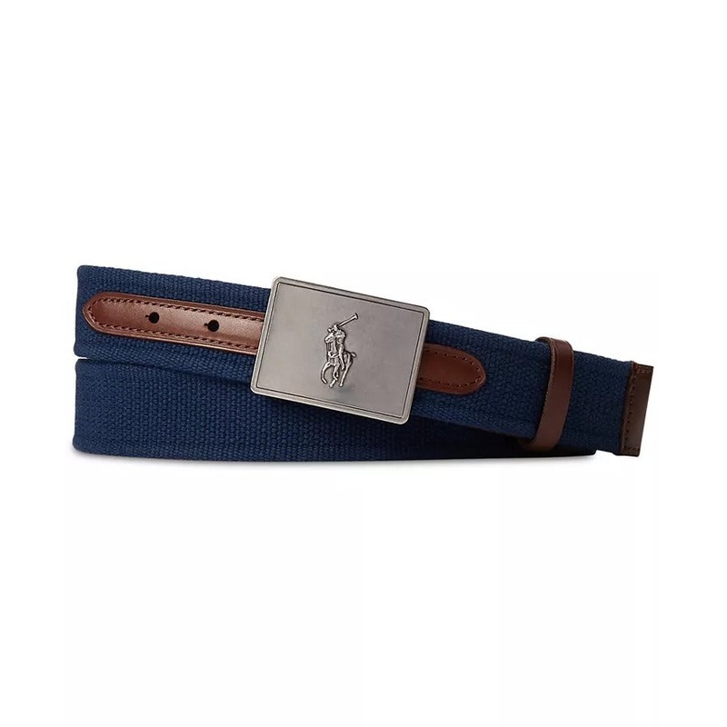 Polo Ralph Lauren Men's Pony Plaque Canvas Leather Belt Navy Blue Brown Size 34