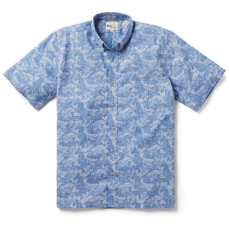 Reyn Spooner Classic Fit Koi Pond Short Sleeve Button Down Polo Shirt Blue Small
