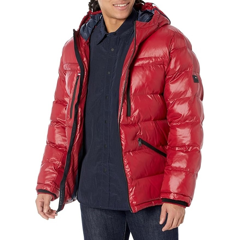 Tommy Hilfiger Men's Fashion Shine Quilted Hooded Puffer Jacket Large Red