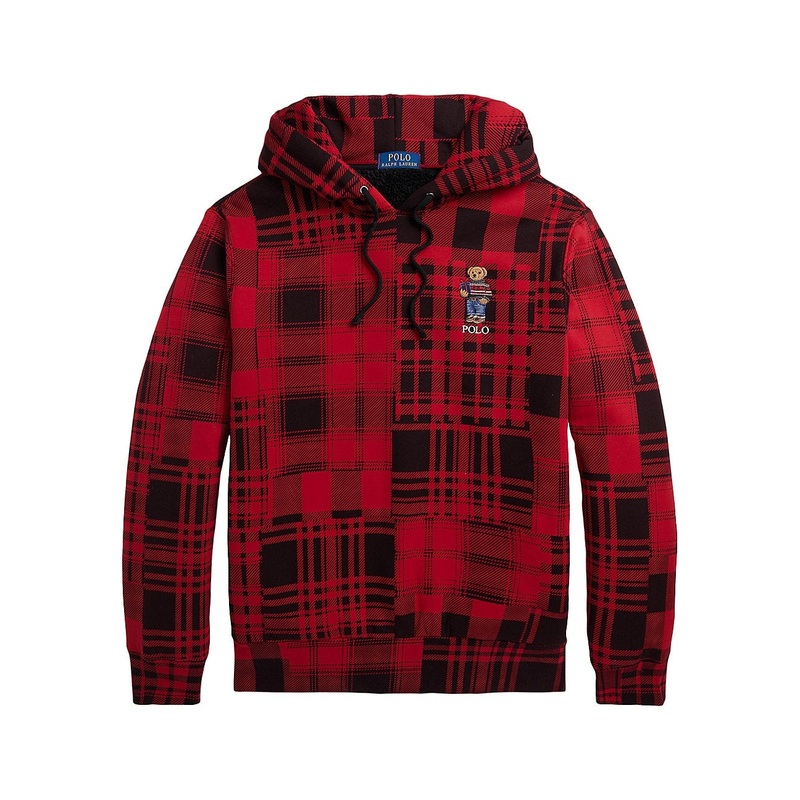 Polo Ralph Lauren Mens Fleece Polo Bear Plaid Hoodie Sweatshirt Red Black Large