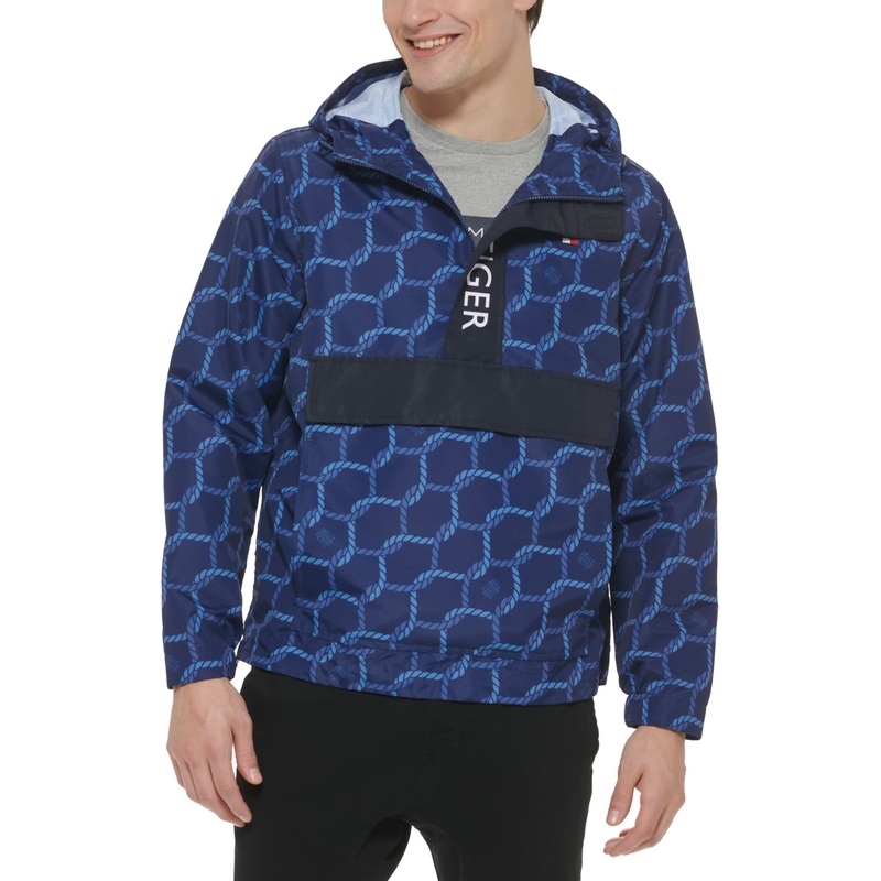 Tommy Hilfiger Men's Colorblocked Logo Hoodie Sweatshirt Rope Print Blue Large