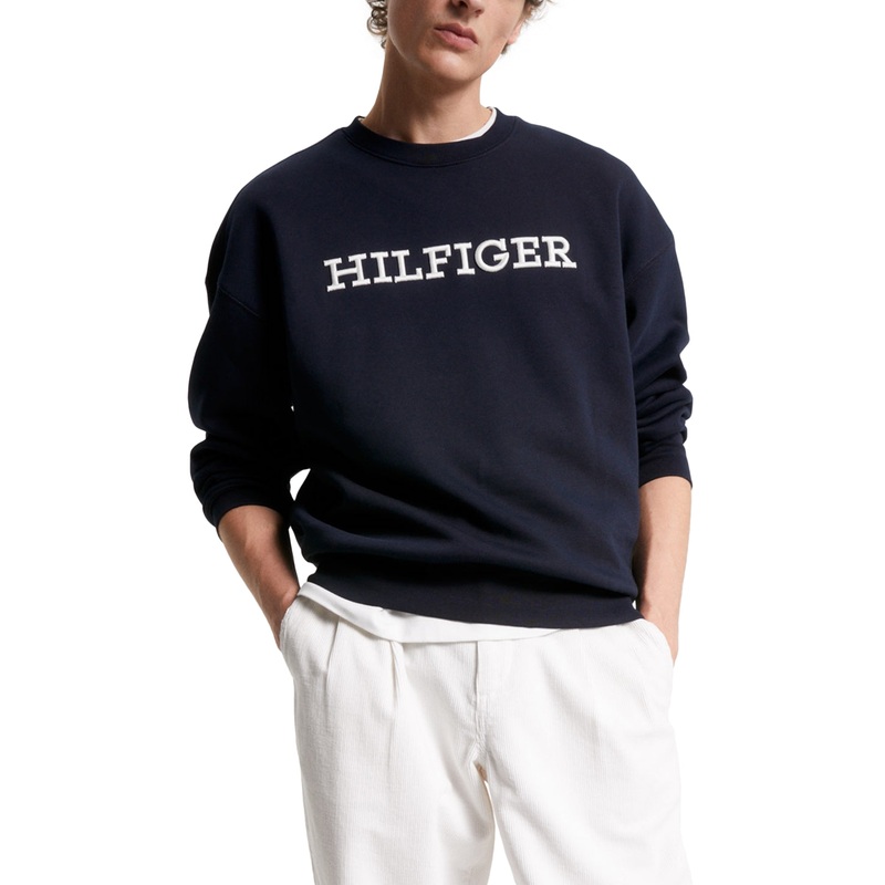Tommy Hilfiger Men's Embroidered Logo Crewneck Sweatshirt Navy Blue White XL